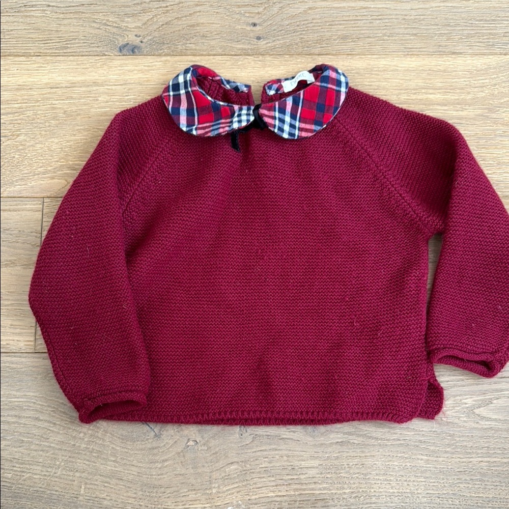 Burgundy Sweater with Plaid Collar